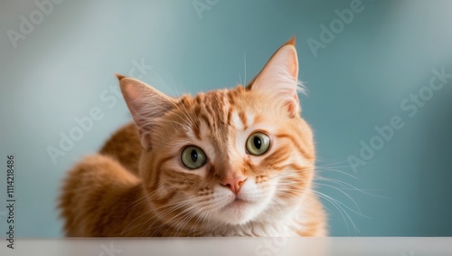 Curious ginger cat with wide eyes on soft blue background.