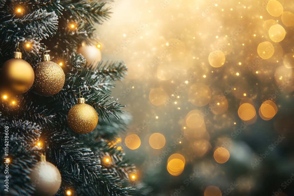Blurred festive Christmas tree lights bokeh in yellow and white, glowing garland decorations, with volumetric lighting, holiday concept. Blurred festive Christmas tree lights bokeh in yellow and white, glowing garland decorations, with volumetric lighting, holiday concept.