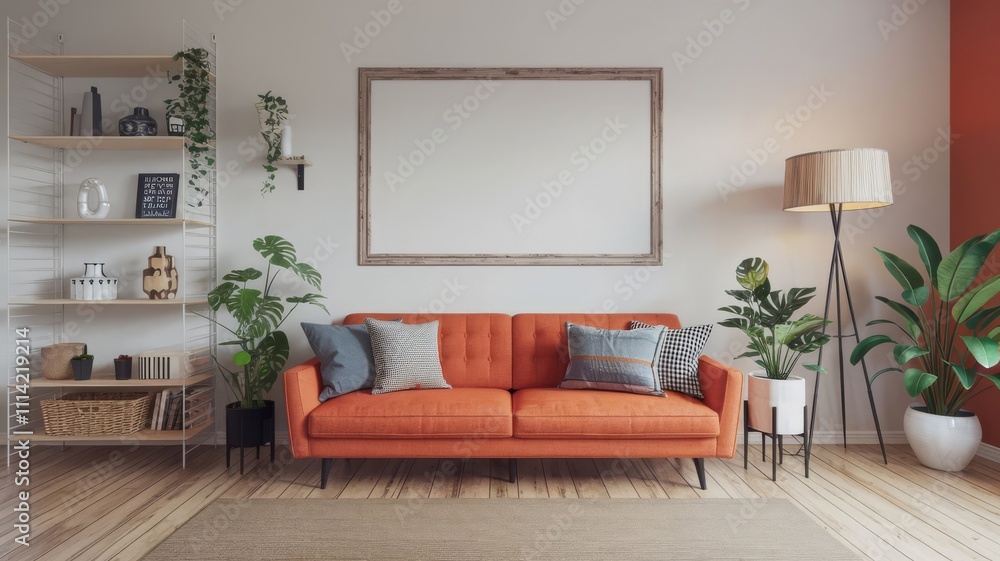 Obraz premium Stylish Living Room with Orange Sofa and Green Plants. Charming living room featuring a vibrant orange sofa, decorative cushions, and lush green plants, perfect for modern home decor.