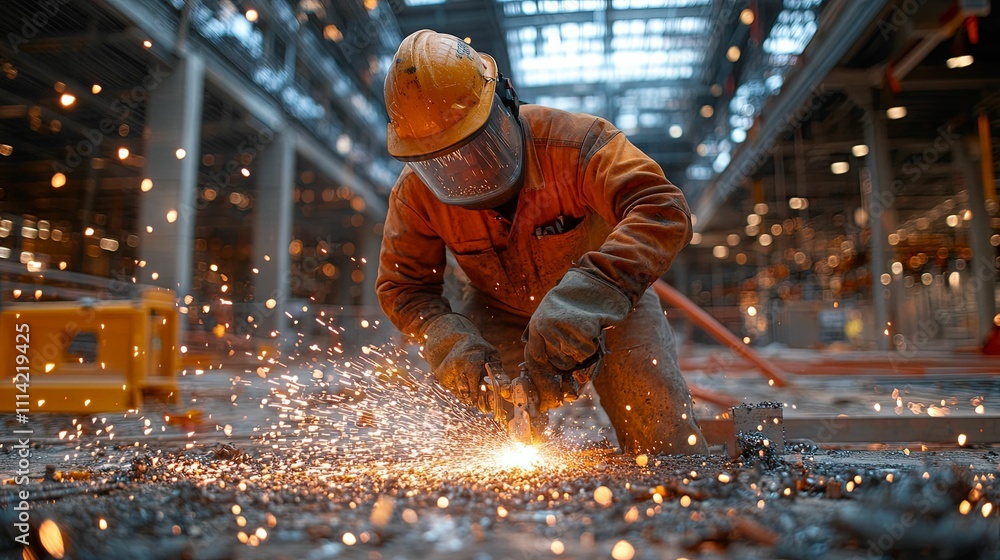 Industrial Worker Using Grinding Tool Sparks Flying Industrial Worker Using Grinding Tool Sparks Flying
