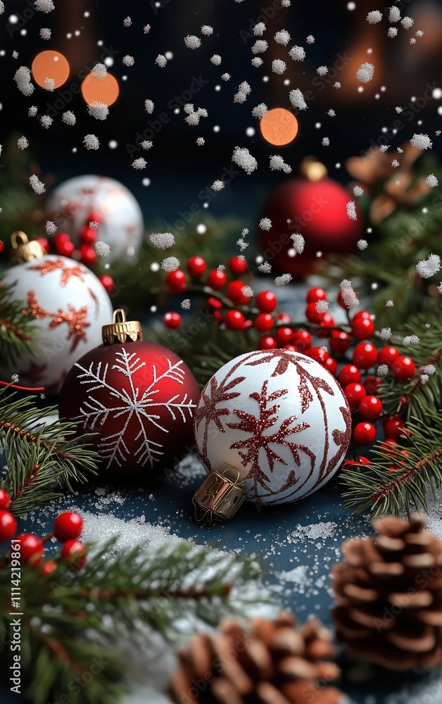 Festive christmas ornaments on pine branches in cozy setting holiday decor Festive christmas ornaments on pine branches in cozy setting holiday decor