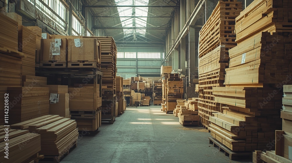 A Large Warehouse Filled With Stacked Wood And Cardboard A Large Warehouse Filled With Stacked Wood And Cardboard