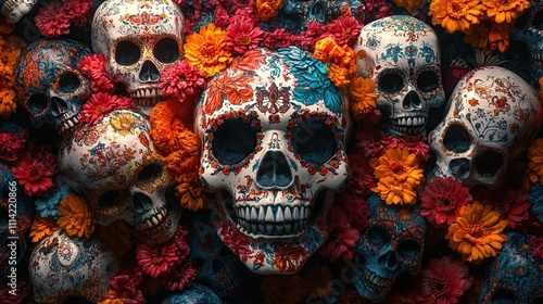 Ornate sugar skulls and marigolds.