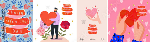 Happy Valentine's Day. February 14. Vector stylish, modern, cute illustration of hands holding heart, man giving valentine, logo, pattern for greeting card, poster and background