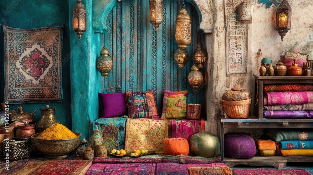 Colorful textiles, lanterns, and pottery in a vibrant, exotic interior setting. Colorful textiles, lanterns, and pottery in a vibrant, exotic interior setting.