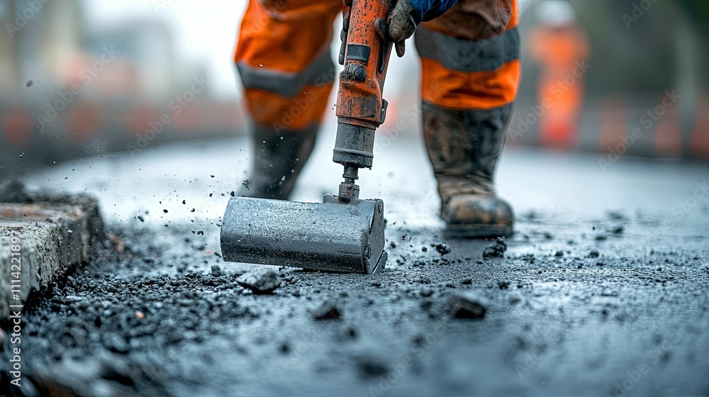 Worker Using Pneumatic Tamper Compacting Asphalt Worker Using Pneumatic Tamper Compacting Asphalt