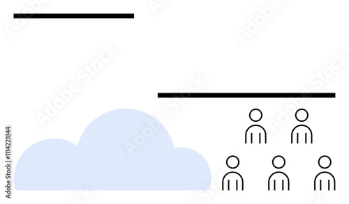 Cloud six people icons, two horizontal lines. Ideal for technology, communication, network, web services, group collaboration, data storage, cloud computing. Line metaphor