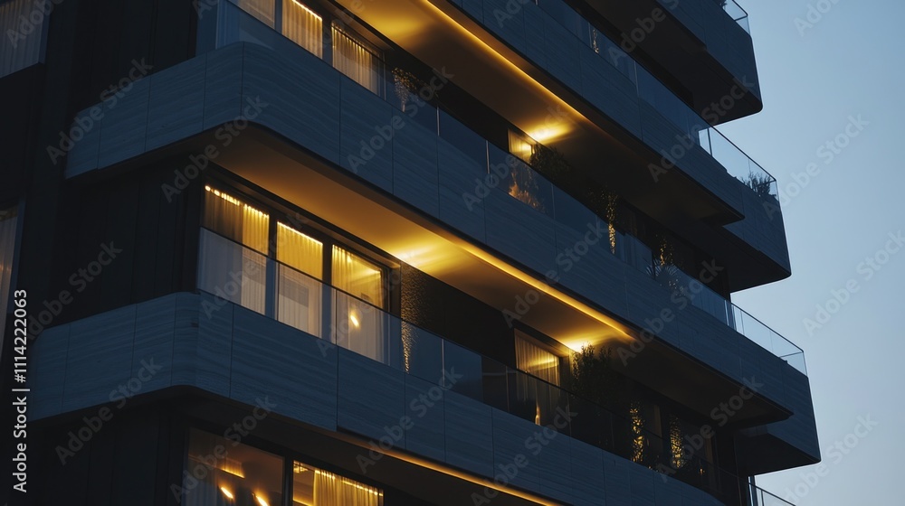 Obraz premium Modern apartment building at dusk, illuminated balconies.