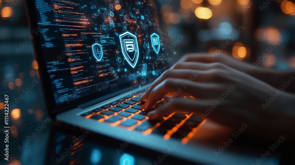 A close-up of a person typing on a laptop with holographic security shields hovering above the keyboard, symbolizing encryption and data protection A close-up of a person typing on a laptop with holographic security shields hovering above the keyboard, symbolizing encryption and data protection