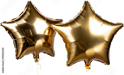 Two shiny gold star-shaped balloons on a white background.