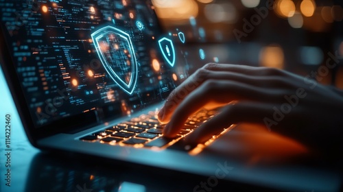 A close-up of a person typing on a laptop with holographic security shields hovering above the keyboard, symbolizing encryption and data protection photo