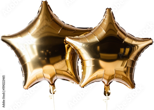 Two shiny golden star-shaped balloons with a reflective surface.