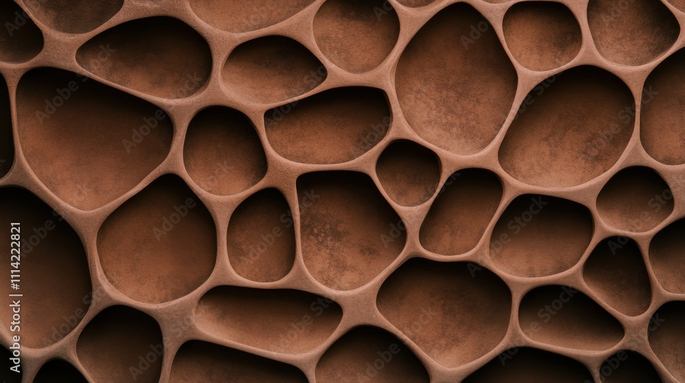Abstract close-up of textured organic shapes resembling a natural material with smooth, rounded cavities in warm brown tones. Abstract close-up of textured organic shapes resembling a natural material with smooth, rounded cavities in warm brown tones.