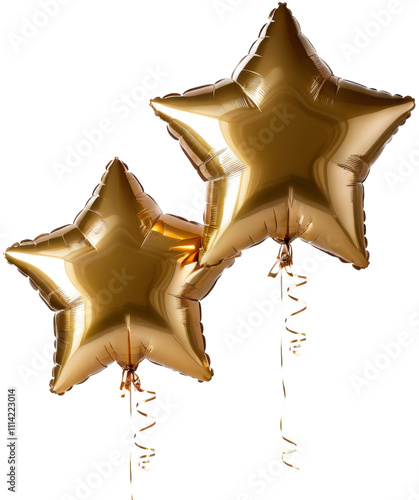 Two shiny golden star-shaped balloons with ribbons.
