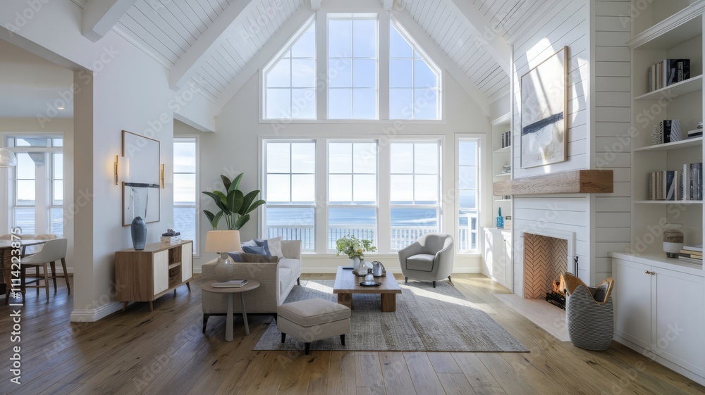 Modern Coastal Living Room with Expansive Views and Elegant Design. Bright and airy coastal living room featuring large windows, tasteful decor, and serene ocean views. Perfect for serene re... Modern Coastal Living Room with Expansive Views and Elegant Design. Bright and airy coastal living room featuring large windows, tasteful decor, and serene ocean views. Perfect for serene re...