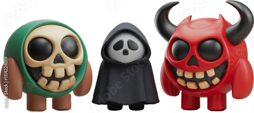Colorful cartoon skulls and devil figurines with a hooded figure.
