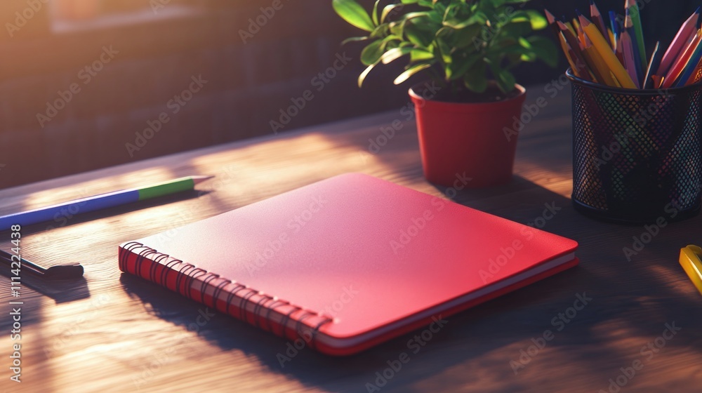 Red spiral notebook on wooden desk with pencils, plant, and tablet. Red spiral notebook on wooden desk with pencils, plant, and tablet.