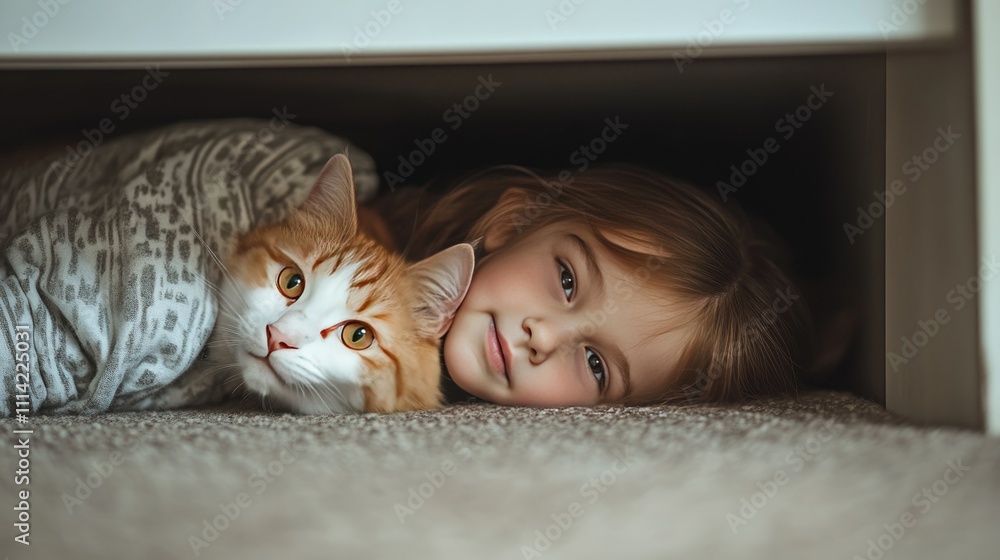 A child lying on the floor, looking under a closet for their hiding cat A child lying on the floor, looking under a closet for their hiding cat