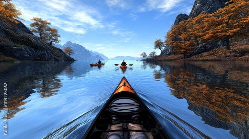 Happy retiree lifestyle exploring balance in nature kayaking serene lake environment scenic autumn views photo