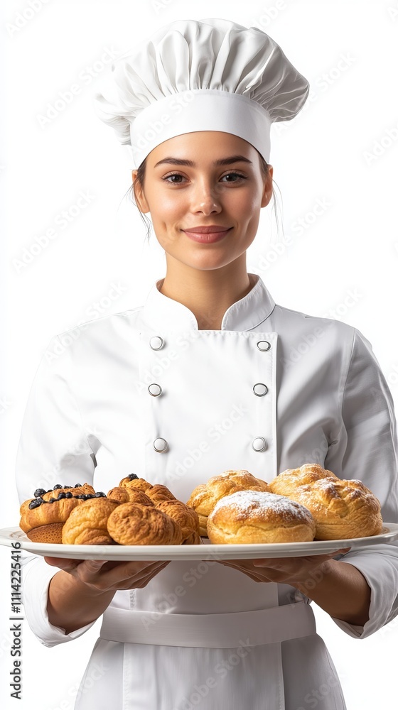 Smiling pastry chef holding a tray of freshly baked pastries and muffins Smiling pastry chef holding a tray of freshly baked pastries and muffins