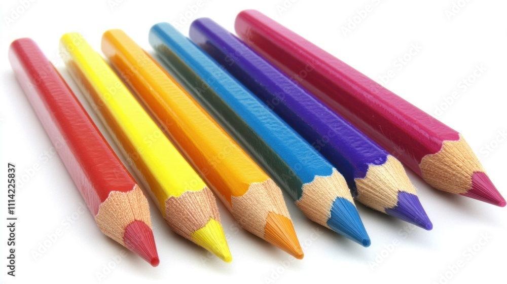 Fototapeta premium Six colorful pencils arranged on white background.