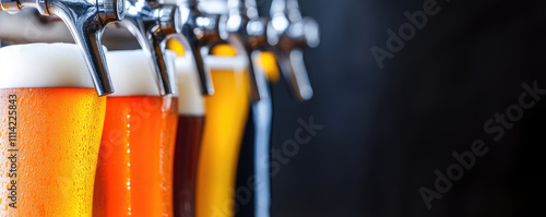 Beer taps in a pub are pouring out beers of different colors. A range of freshly brewed beers, assortment, choice photo