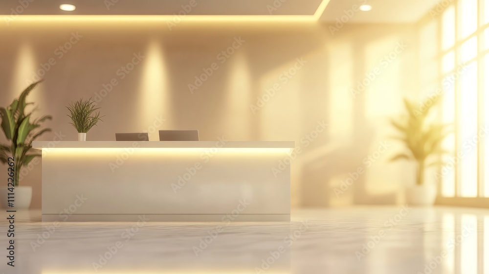 Modern reception area with a sleek desk, plants, and warm lighting. Modern reception area with a sleek desk, plants, and warm lighting.