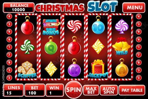 Casino slot machine, game UI design, gambling mobile app concept for the Christmas themed Casino Game. The slot game user interface with basic buttons and set of 12 slot symbols