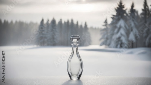 Elegant Glass Bottle in Snowy Landscape with Cinematic Lighting. photo