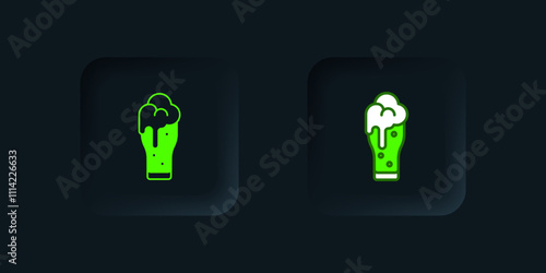 Green Glass of beer icon isolated on black background. Black square button. Vector