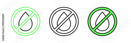 Set line Water drop forbidden icon isolated on white background. No water sign. Vector
