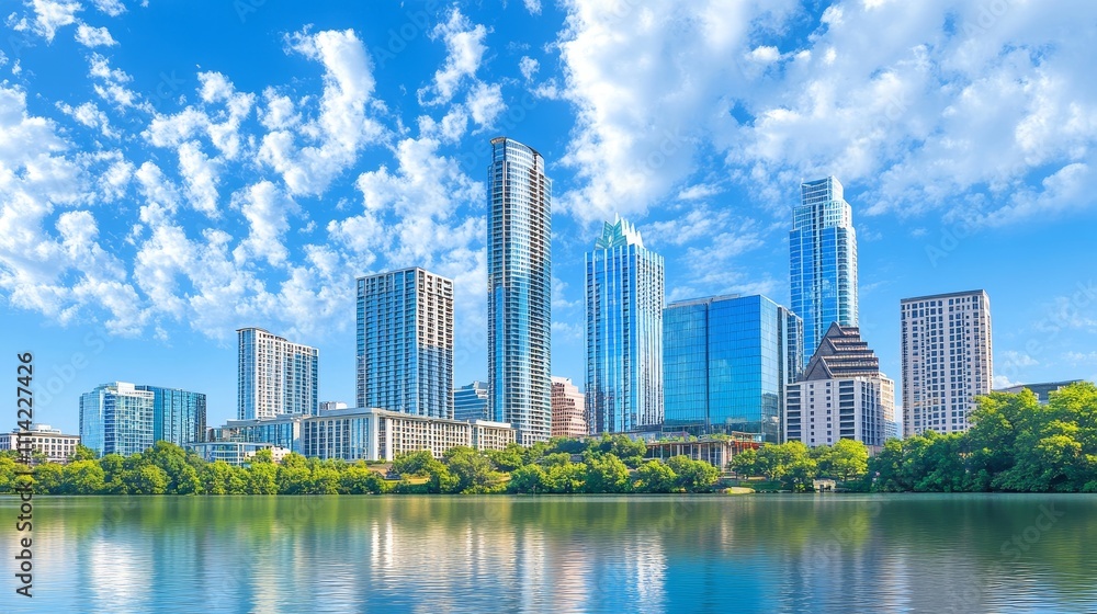 Fototapeta premium Modern skyline of tall skyscrapers reflecting on calm river under a vibrant blue sky