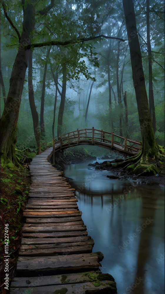 Obraz premium Atmospheric Misty Forest Stream With a Rustic Bridge Crossing