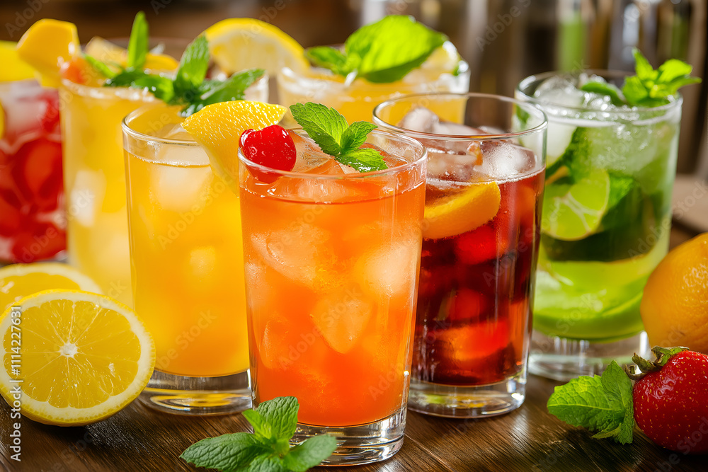 Fototapeta premium Beautifully garnished drinks with fresh ingredients, showing a variety of alcoholic and non-alcoholic beverages, Drinks photography