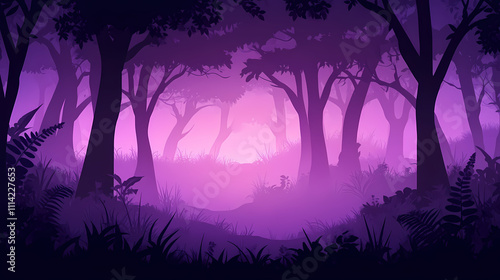 Mysterious forest in the dark night, purple and black theme foggy misty jungle, solitude and spooky woods. Solitude. Illustration