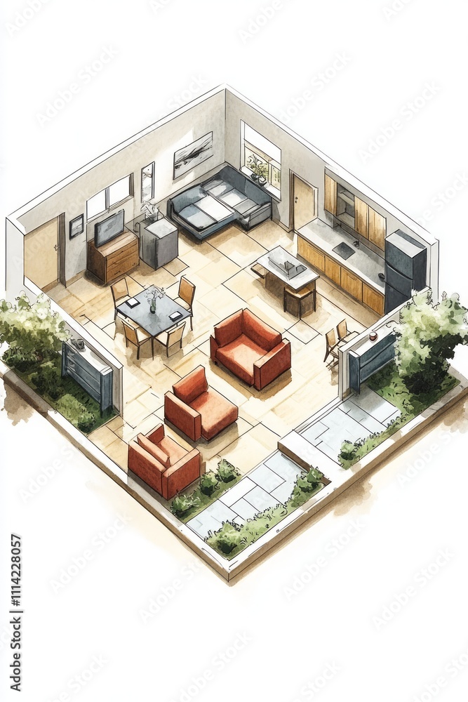 Modern minimalist interior design of a cozy living space with kitchen and garden area Modern minimalist interior design of a cozy living space with kitchen and garden area