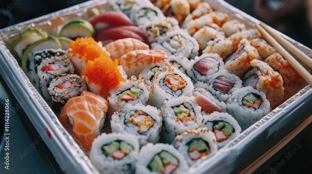 A disposable Styrofoam box filled with assorted sushi rolls and chopsticks on the side