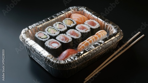 A disposable Styrofoam box filled with assorted sushi rolls and chopsticks on the side photo