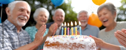 Happy retiree celebrating a balanced lifestyle at a senior birthday party outdoor festivities joyful gathering cheerful atmosphere photo