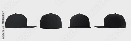 Collage of black trucker cap 3D renders showcasing four perspectives. Realistic fleece-textured fabric and flat visor design, ideal for branding, advertising, or fashion concepts. Modern template