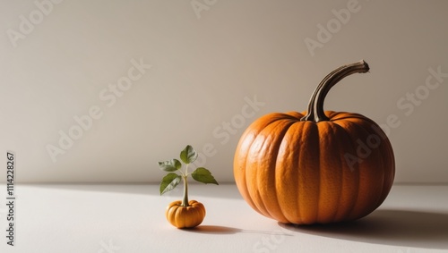 A beautiful pumpkin and pumpkin seedling.