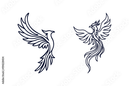 set of phoenix bird silhouette vector clip art illustration transparent white background photo