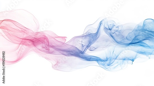 Abstract pastel pink and blue smoke swirls on white background.