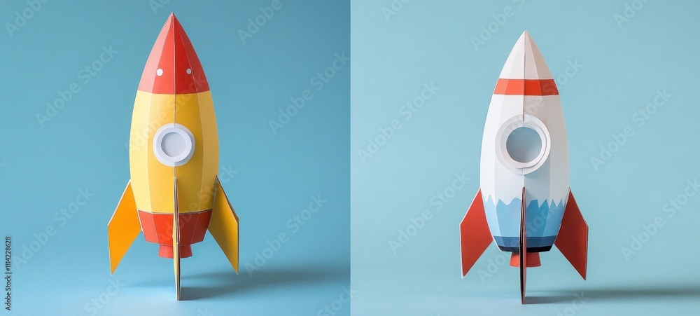 Two colorful paper rockets on blue background. Two colorful paper rockets on blue background.