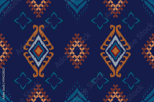 A vibrant ikat fabric pattern featuring bold diamond motifs, warm earthy tones, intricate geometric shapes, and artistic textures on a deep blue background