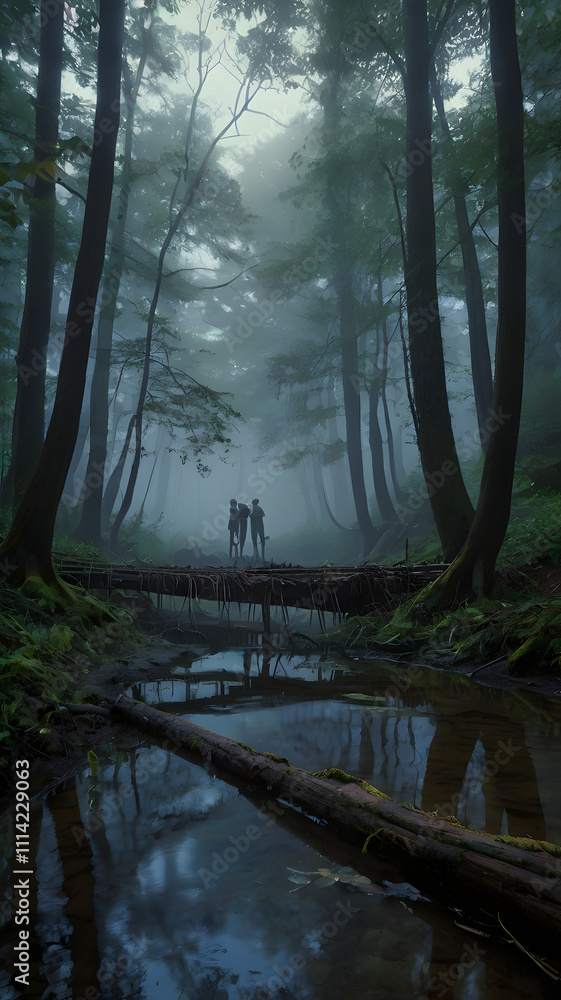 Obraz premium Misty Forest Bridge Over Tranquil Stream Surrounded by Lush Greenery