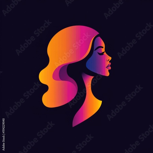 Woman portrait and wavy hair logo in orange tones on black background