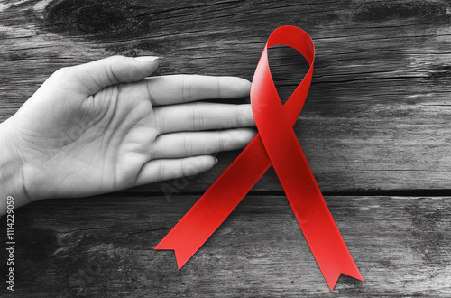 Fiocco rosso sulla mano per la lotta contro l'AIDS. photo