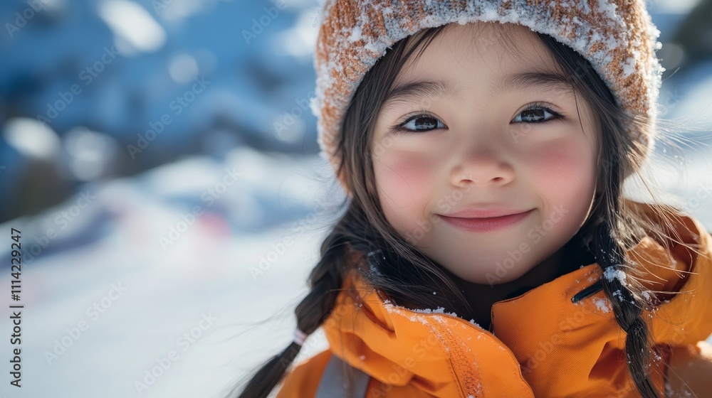 Portrait of a cheerful asian girl wearing winter clothes and smiling in a snowy mountain ski resort Portrait of a cheerful asian girl wearing winter clothes and smiling in a snowy mountain ski resort