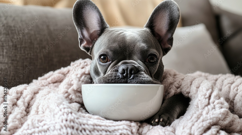 A French bulldog sitting on a cozy couch with an empty bowl in its mouth A French bulldog sitting on a cozy couch with an empty bowl in its mouth